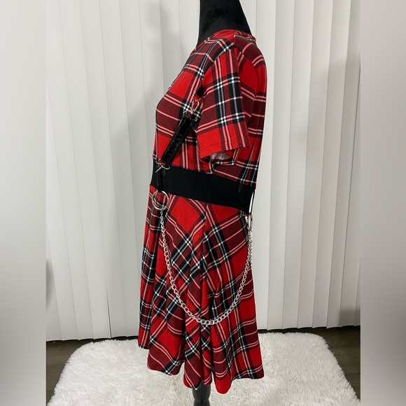 💔SOLD💔DEVIL FASHION Rock Plaid Fit And Flare Dress Sheer Mesh Bondage Straps - Picture 8 of 15